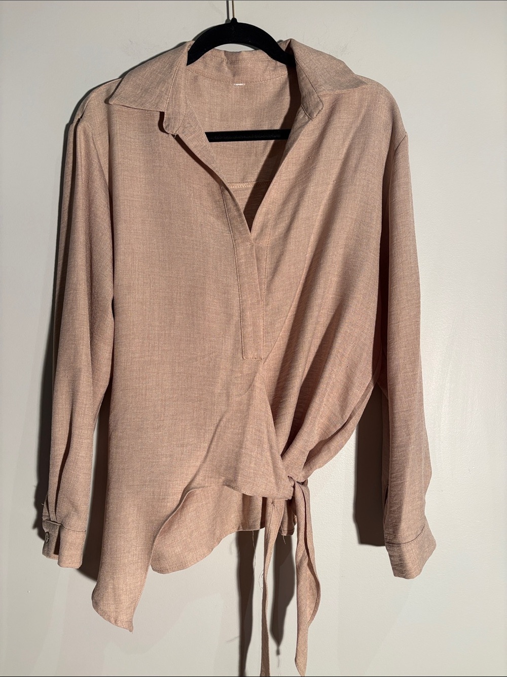 Tan Brown Wrap Tie Blouse Long Sleeve Fall Fashion Size L/XL
